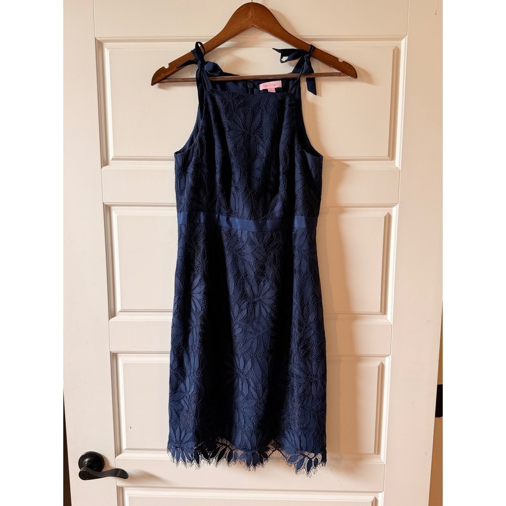 Lilly Pulitzer Navy Blue Lace Halter Tie Dress 2 Preppy Coastal Wedding Guest - Picture 2 of 11
